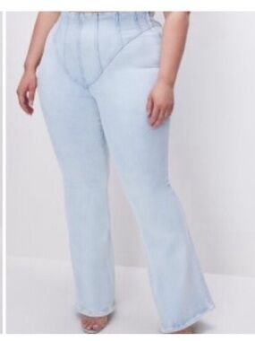 Good American Light Acid Blue Fade Flared Corset High Waisted Wide Bell Leg Jean
